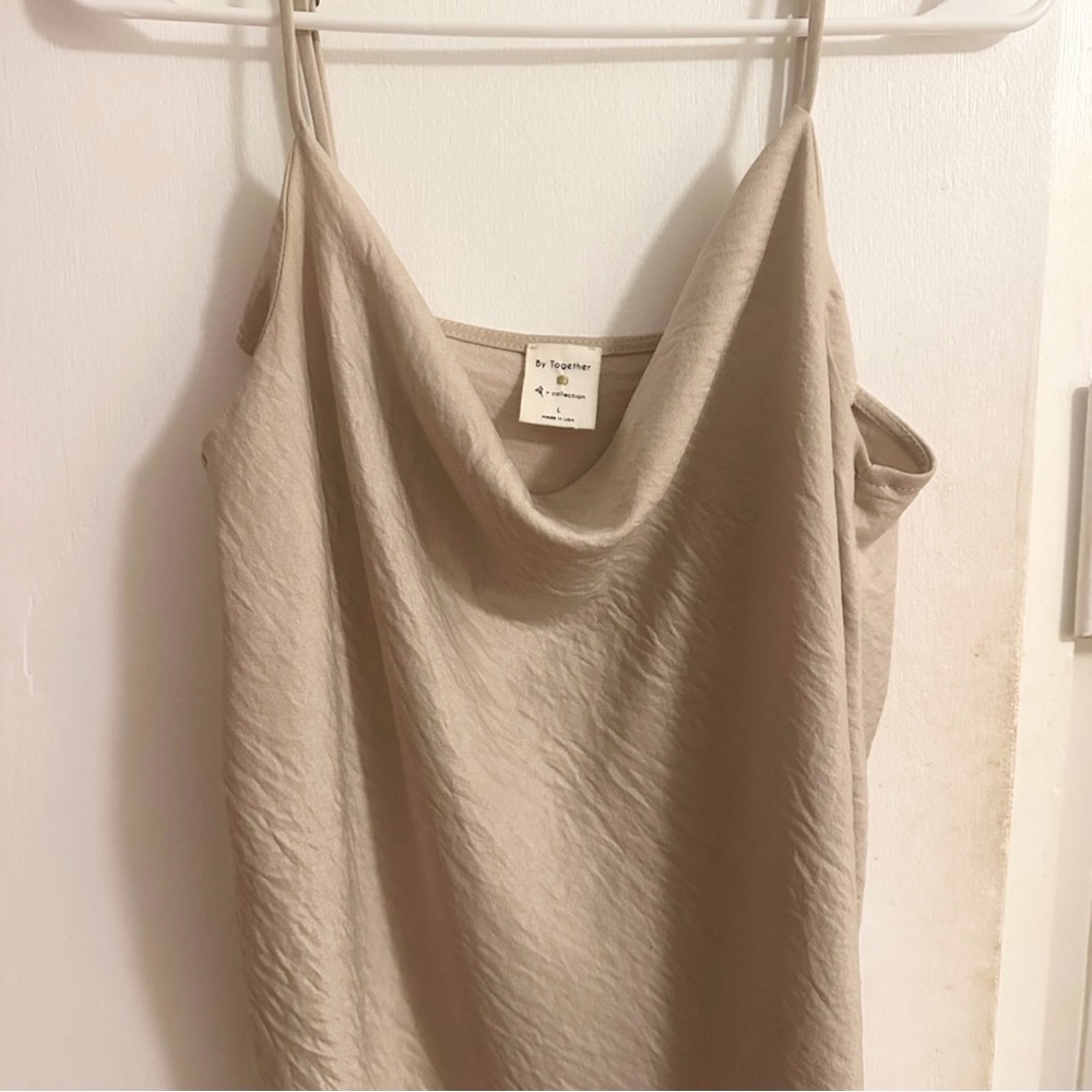 Champagne Satin Cowl Neck Camisole Minimal Slip Tank L - Picture 2 of 4
